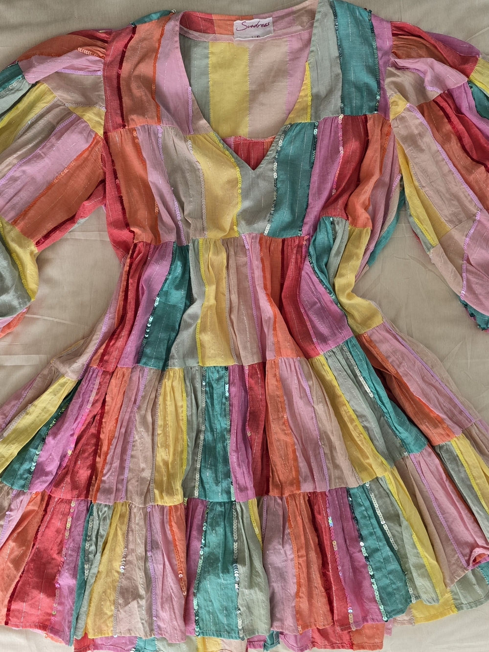 Sundress Salvador Rainbow Sequin Tier Mini Dress Boho Resort Festival NWOT L/XL